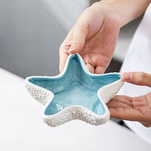 Starfish Jewelry Dish Ceramic Holder Ring Trinket Tray, Ocean-themed Decorative Trinket Dish, Suitable for Mother Friend Sister, Gifts for Women, Home Decor Trinket Dish(Sea Blue) in Kuwait