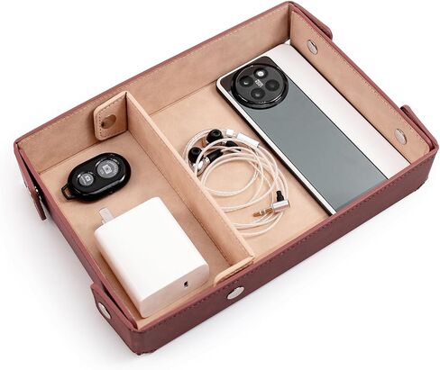PU Leather Valet Tray Small NightStand Bedside Entry Table Trya with Partition for Phone Jewelry Glasses Keys and Coins Father's Day Birthday Gifts (Brown and Pink) in Saudi Arabia