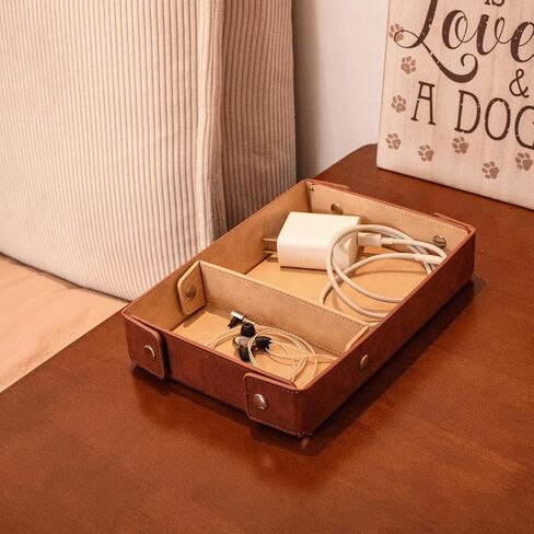 PU Leather Valet Tray Small NightStand Bedside Entry Table Trya with Partition for Phone Jewelry Glasses Keys and Coins Father's Day Birthday Gifts (Brown and Pink) in Saudi Arabia