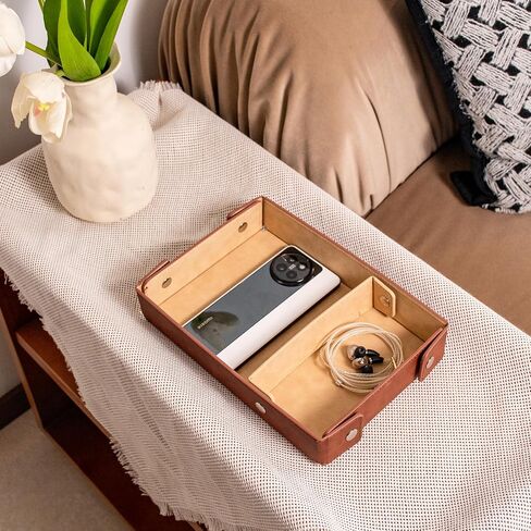 PU Leather Valet Tray Small NightStand Bedside Entry Table Trya with Partition for Phone Jewelry Glasses Keys and Coins Father's Day Birthday Gifts (Brown and Pink) in Saudi Arabia