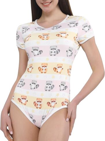 Womens Adult Onesie Crotch Snap Buttons Bodysuit Short Sleeve Cartoon Print One Piece Pajama Raccoon in Saudi Arabia