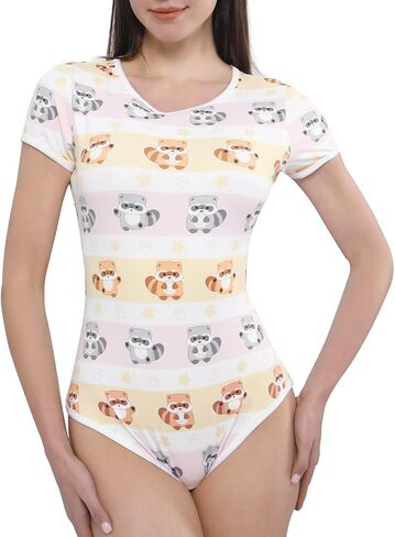 المرأة البالغة الأزرار المنشعب المنشعب الأزرار bodysuit قصيرة الأكمام كرتون طباعة قطعة واحدة pajama الراكون in Kuwait