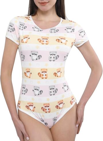 Womens Adult Onesie Crotch Snap Buttons Bodysuit Short Sleeve Cartoon Print One Piece Pajama Raccoon in Saudi Arabia