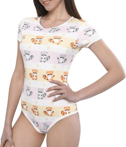 المرأة البالغة الأزرار المنشعب المنشعب الأزرار bodysuit قصيرة الأكمام كرتون طباعة قطعة واحدة pajama الراكون in Kuwait