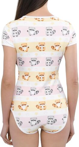 Womens Adult Onesie Crotch Snap Buttons Bodysuit Short Sleeve Cartoon Print One Piece Pajama Raccoon in Saudi Arabia
