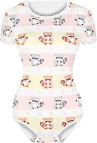 المرأة البالغة الأزرار المنشعب المنشعب الأزرار bodysuit قصيرة الأكمام كرتون طباعة قطعة واحدة pajama الراكون in Kuwait
