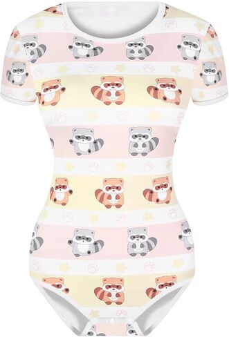 Womens Adult Onesie Crotch Snap Buttons Bodysuit Short Sleeve Cartoon Print One Piece Pajama Raccoon in Saudi Arabia
