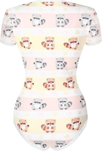 المرأة البالغة الأزرار المنشعب المنشعب الأزرار bodysuit قصيرة الأكمام كرتون طباعة قطعة واحدة pajama الراكون in Kuwait
