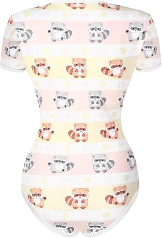 Womens Adult Onesie Crotch Snap Buttons Bodysuit Short Sleeve Cartoon Print One Piece Pajama Raccoon in Saudi Arabia