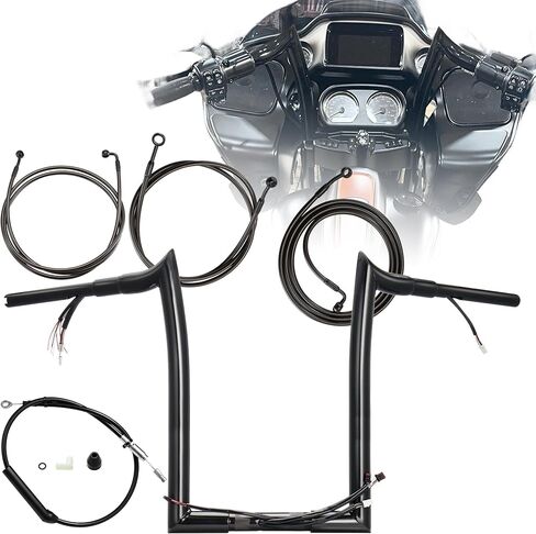 16 "Rise Pre-Wired 1.5" Fat Road Glide Ape Hanger Handlebar (أسلاك Can-Bus & TBW مثبتة مسبقًا) مع 3 خطوط فرامل ومجموعة كبل القابض لعام 2021-2023 نماذج Glide Harley Road ، Black in Kuwait
