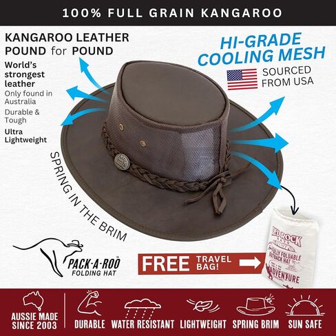 1076 Kangaroo Cooler - قبعة أسترالية Outback - جلد الكنغر ، الأسترالي مصنوع ، قابلة للطي ، حقيبة سفر مجانية in Saudi Arabia