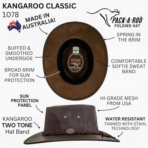 1076 Kangaroo Cooler - قبعة أسترالية Outback - جلد الكنغر ، الأسترالي مصنوع ، قابلة للطي ، حقيبة سفر مجانية in Saudi Arabia
