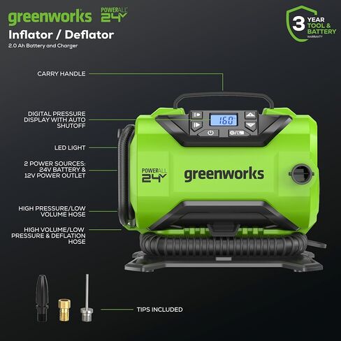 Greenworks 40V Cordless Tire Inflator, 160 PSI Portable Air Compressor, 2 Power Sources, Auto Shut Off, for Car, Bicycle, Motorcycle, Air Boat, Inflatables, Tool Only in Kuwait