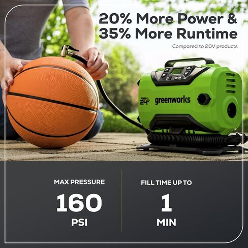 Greenworks 40V Cordless Tire Inflator, 160 PSI Portable Air Compressor, 2 Power Sources, Auto Shut Off, for Car, Bicycle, Motorcycle, Air Boat, Inflatables, Tool Only in Kuwait