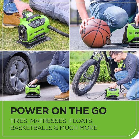 Greenworks 40V Cordless Tire Inflator, 160 PSI Portable Air Compressor, 2 Power Sources, Auto Shut Off, for Car, Bicycle, Motorcycle, Air Boat, Inflatables, Tool Only in Kuwait