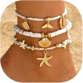 Summer Beach Ankle Bracelet for Women Waterproof Boho Beads Starfish Seashell Anklets Adjustable Surfer Preppy Ankles Set Beach Vacation Accessories in Kuwait