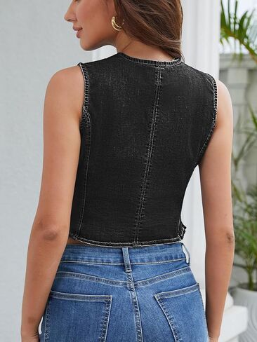 ELLEVEN Women's Cropped Denim Vest with Fitted Waist, V-Neck Jean Waistcoat for Summer Western Trendy Outfits in Saudi Arabia