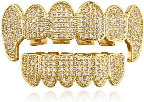 Psivika Diamond Grills Gold مطلي بالهيب هوب الأسنان Grillz Caps Iced Out Cz أعلى وأسفل مصاصي الدماء الشواهد للرجال والنساء in Saudi Arabia