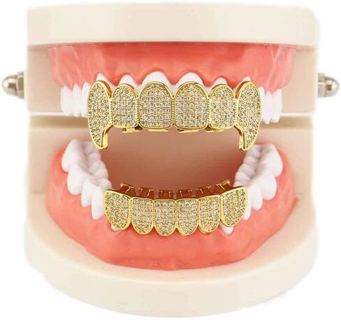 Psivika Diamond Grills Gold مطلي بالهيب هوب الأسنان Grillz Caps Iced Out Cz أعلى وأسفل مصاصي الدماء الشواهد للرجال والنساء in Saudi Arabia