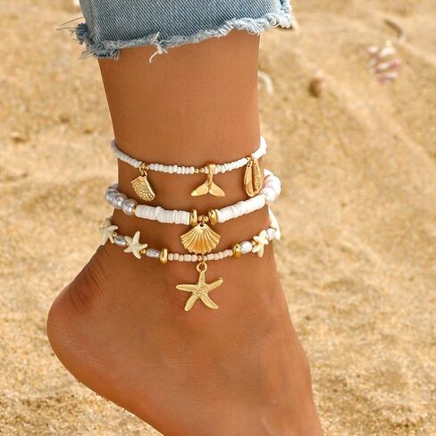 Summer Beach Ankle Bracelet for Women Waterproof Boho Beads Starfish Seashell Anklets Adjustable Surfer Preppy Ankles Set Beach Vacation Accessories in Kuwait