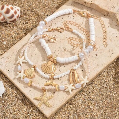 Summer Beach Ankle Bracelet for Women Waterproof Boho Beads Starfish Seashell Anklets Adjustable Surfer Preppy Ankles Set Beach Vacation Accessories in Kuwait