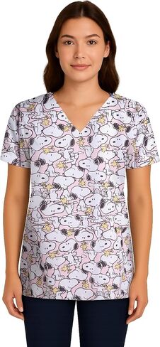 COCO BRANDS Womens Scrub Tops - Peanuts Snoopy Short Sleeve V-Neck Medical Uniform Scrubs for Women (Sizes: S-XXL) in Saudi Arabia