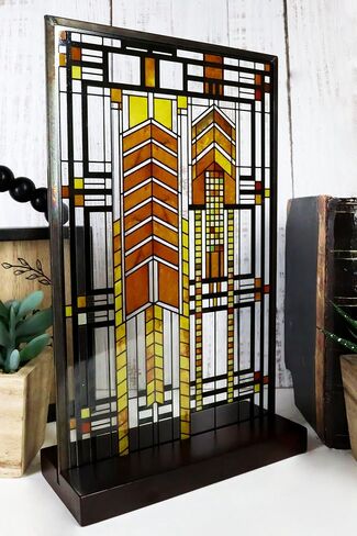 Ebros Frank Lloyd Wright Autumn Sumac Stained Glass Art Metal Framed Hanging Wall Decor Or Desktop Plaque Susan Lawrence Dana House Window Architectural Home or Office Decorative Accent 10" by 6.5" in Saudi Arabia