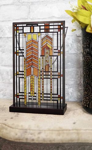 Ebros Frank Lloyd Wright Autumn Sumac Stained Glass Art Metal Framed Hanging Wall Decor Or Desktop Plaque Susan Lawrence Dana House Window Architectural Home or Office Decorative Accent 10" by 6.5" in Saudi Arabia