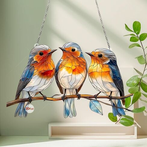 Stained Glass Window Hanging Bird Hand-Painted Stain Acrylic Panel Window Hanging Decor Gift for Women Mother's Day Christmas (15CM-Sparrow Bird) in Kuwait
