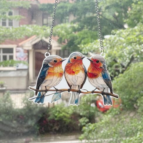 Stained Glass Window Hanging Bird Hand-Painted Stain Acrylic Panel Window Hanging Decor Gift for Women Mother's Day Christmas (15CM-Sparrow Bird) in Kuwait