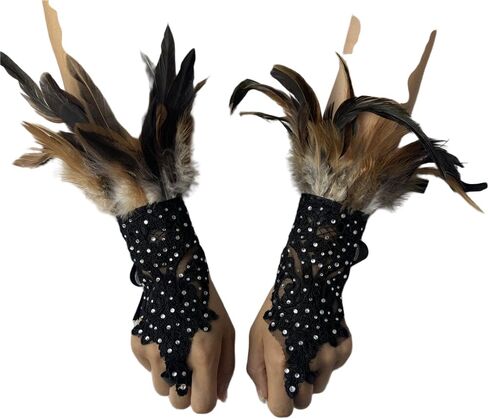Rhinestone Feather Lace Arm Warmers – Gothic Masquerade Costume Gloves for Halloween, Cosplay, Party or Stage Accessory (Rose red) in Saudi Arabia