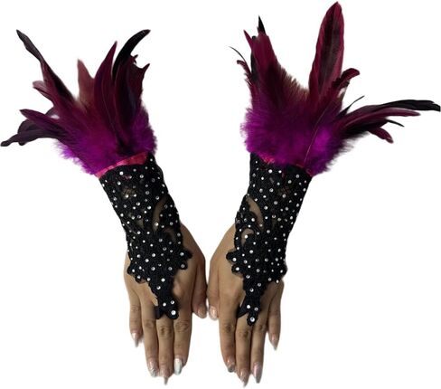 Rhinestone Feather Lace Arm Warmers – Gothic Masquerade Costume Gloves for Halloween, Cosplay, Party or Stage Accessory (Rose red) in Saudi Arabia
