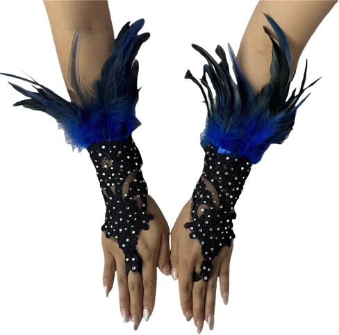 Rhinestone Feather Lace Arm Warmers – Gothic Masquerade Costume Gloves for Halloween, Cosplay, Party or Stage Accessory (Rose red) in Saudi Arabia