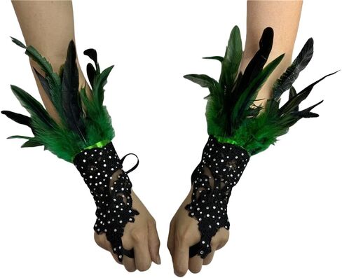 Rhinestone Feather Lace Arm Warmers – Gothic Masquerade Costume Gloves for Halloween, Cosplay, Party or Stage Accessory (Rose red) in Saudi Arabia
