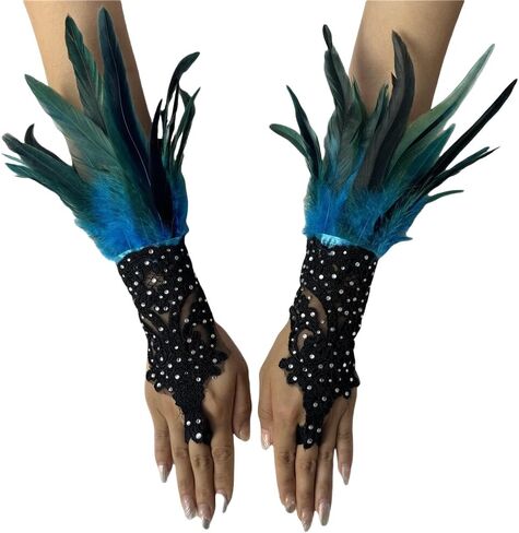Rhinestone Feather Lace Arm Warmers – Gothic Masquerade Costume Gloves for Halloween, Cosplay, Party or Stage Accessory (Rose red) in Saudi Arabia