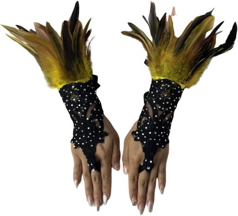 Rhinestone Feather Lace Arm Warmers – Gothic Masquerade Costume Gloves for Halloween, Cosplay, Party or Stage Accessory (Rose red) in Saudi Arabia