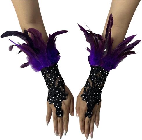Rhinestone Feather Lace Arm Warmers – Gothic Masquerade Costume Gloves for Halloween, Cosplay, Party or Stage Accessory (Rose red) in Saudi Arabia