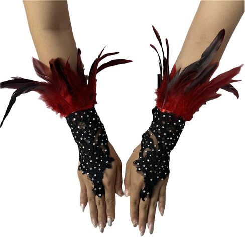 Rhinestone Feather Lace Arm Warmers – Gothic Masquerade Costume Gloves for Halloween, Cosplay, Party or Stage Accessory (Rose red) in Saudi Arabia