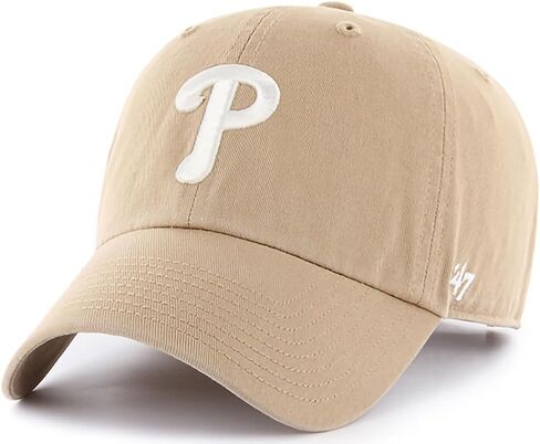 47 MLB Khaki White Primary Logo Clean Up Adjustable Strap Hat Cap, Adult One Size Fits All (Atlanta Braves) in Saudi Arabia