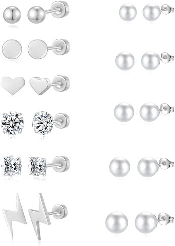 Pearl Stud Earrings Set for Women, Hypoallergenic Heart Ball Studs Pack 316L Stainless Steel CZ Earrings 3-8mm, Silver in Kuwait