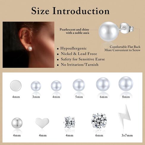 Pearl Stud Earrings Set for Women, Hypoallergenic Heart Ball Studs Pack 316L Stainless Steel CZ Earrings 3-8mm, Silver in Kuwait