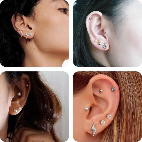 Pearl Stud Earrings Set for Women, Hypoallergenic Heart Ball Studs Pack 316L Stainless Steel CZ Earrings 3-8mm, Silver in Kuwait
