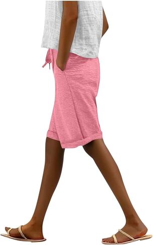 Bermuda Shorts for Women Knee Length Summer Casual Beach Elastic Waist Drawstring Comfy Trendy Long Sweat Shorts in Saudi Arabia