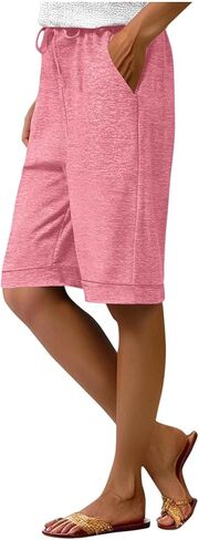 Bermuda Shorts for Women Knee Length Summer Casual Beach Elastic Waist Drawstring Comfy Trendy Long Sweat Shorts in Saudi Arabia