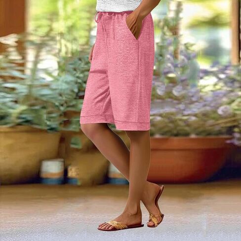 Bermuda Shorts for Women Knee Length Summer Casual Beach Elastic Waist Drawstring Comfy Trendy Long Sweat Shorts in Saudi Arabia