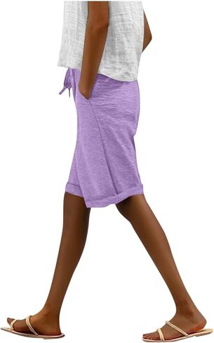 Bermuda Shorts for Women Knee Length Summer Casual Beach Elastic Waist Drawstring Comfy Trendy Long Sweat Shorts in Saudi Arabia