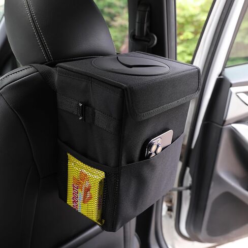 Car Garbage can with lid Leak Proof Vehicle Trash Can 3 Storage Pockets Hanging Waterproof car Trash Bag for SUV Black in Saudi Arabia