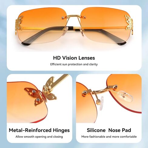 Dollger Rectangle Y2k Sunglasses for Women Fashion Rimless 2000s Square Brown Sun Glasses Butterfly 90s Cool Shades in Saudi Arabia