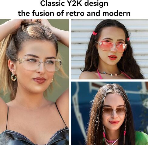 Dollger Rectangle Y2k Sunglasses for Women Fashion Rimless 2000s Square Brown Sun Glasses Butterfly 90s Cool Shades in Saudi Arabia