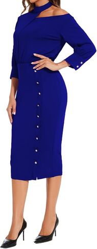 Black Church Dresses for Women Elegant Off Shoulder Halter Neck 3/4 Sleeve Midi Dress Bodycon Work Business Pencil Sheath Dress(811Black,Small) in Saudi Arabia